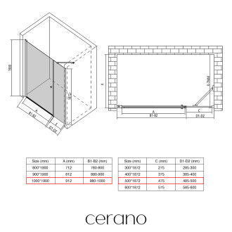 CERANO - Sprchové křídlové dveře Antelo s pevnou částí  L/P - 6 mm - černá matná, transparentní sklo - 100x50x190 cm