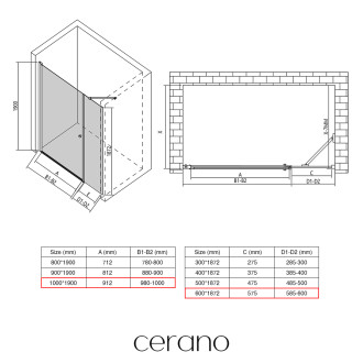 CERANO - Sprchové křídlové dveře Antelo s pevnou částí  L/P - 6 mm - černá matná, transparentní sklo - 100x60 cm