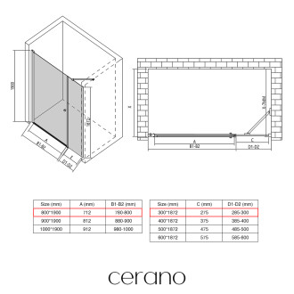 CERANO - Sprchové křídlové dveře Antelo s pevnou částí  L/P - 6 mm - černá matná, transparentní sklo - 80x30x190 cm