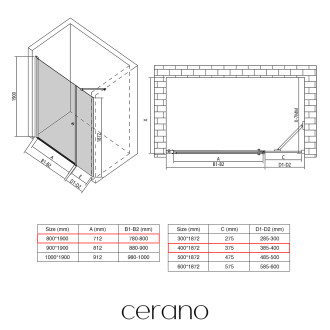 CERANO - Sprchové křídlové dveře Antelo s pevnou částí  L/P - 6 mm - černá matná, transparentní sklo - 80x40x190 cm