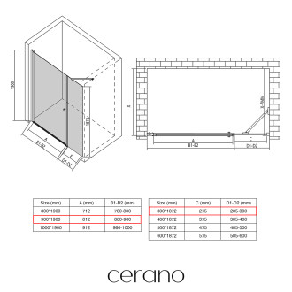 CERANO - Sprchové křídlové dveře Antelo s pevnou částí  L/P - 6 mm - černá matná, transparentní sklo - 90x30x190 cm