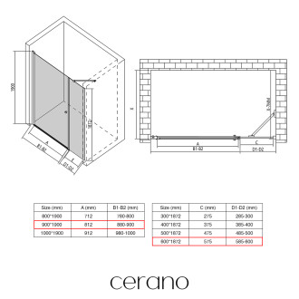 CERANO - Sprchové křídlové dveře Antelo s pevnou částí  L/P - 6 mm - černá matná, transparentní sklo - 90x60x190 cm