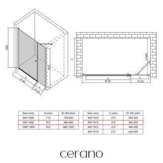 CERANO - Sprchové křídlové dveře Antelo s pevnou částí  L/P - 6 mm - chrom, transparentní sklo - 90x40x190 cm
