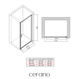 CERANO - Sprchové otočné dveře Porte L/P - 8 mm - černá matná, grafitové sklo - 90x195 cm