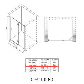 CERANO - Sprchové pantové dveře Marino L/P - 6 mm - černá matná, transparentní sklo - 100x190 cm