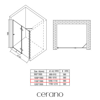 CERANO - Sprchové pantové dveře Marino L/P - 6 mm - černá matná, transparentní sklo - 110x190 cm