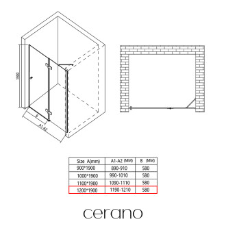 CERANO - Sprchové pantové dveře Marino L/P - 6 mm - černá matná, transparentní sklo - 120x190 cm