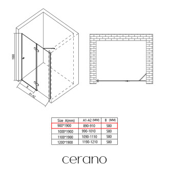 CERANO - Sprchové pantové dveře Marino L/P - 6 mm - černá matná, transparentní sklo - 90x190 cm