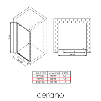 CERANO - Sprchové pivotové dveře Ferri L/P - 6 mm - černá matná, transparentní sklo - 90x195 cm