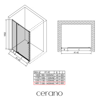 CERANO - Sprchové pivotové dveře Santini L/P - 6 mm - černá matná, transparentní sklo - 140x195 cm