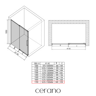 CERANO - Sprchové posuvné dveře Lantono - levá - 8 mm - Soft-Close - černá matná, mléčné sklo - 170x195 cm