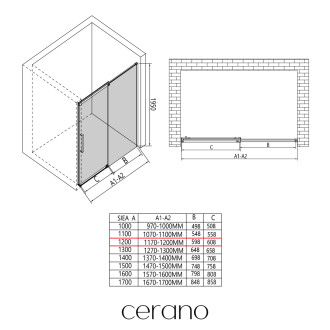 CERANO - Sprchové posuvné dveře Lantono - pravá - 8 mm - Soft-Close - černá matná, mléčné sklo - 120x195 cm