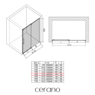 CERANO - Sprchové posuvné dveře Lantono - pravá - 8 mm - Soft-Close - černá matná, mléčné sklo - 140x195 cm