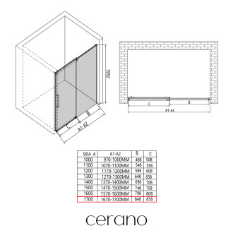 CERANO - Sprchové posuvné dveře Lantono - pravá - 8 mm - Soft-Close - černá matná, mléčné sklo - 170x195 cm