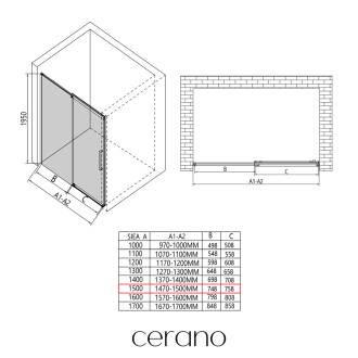 CERANO - Sprchové posuvné dveře Lantono L/P - 8 mm - Soft-Close - černá matná, grafitové sklo - 150x195 cm