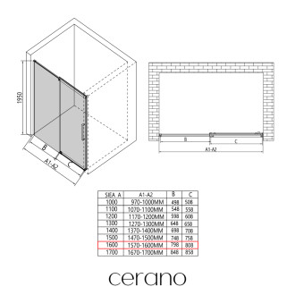 CERANO - Sprchové posuvné dveře Lantono L/P - 8 mm - Soft-Close - černá matná, transparentní sklo - 160x195 cm