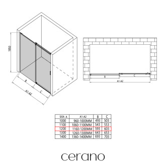 CERANO - Sprchové posuvné dveře Santoro L/P - 6 mm - černá matná, transparentní sklo - 120x195 cm