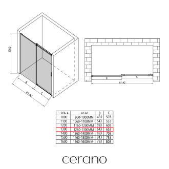 CERANO - Sprchové posuvné dveře Santoro L/P - 8 mm - černá matná, grafitové sklo - 130x195 cm