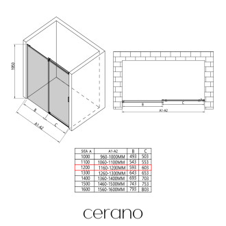 CERANO - Sprchové posuvné dveře Santoro L/P - 8 mm - černá matná, transparentní sklo - 120x195 cm