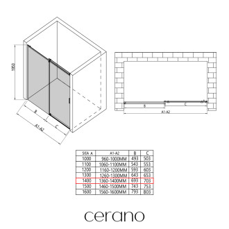 CERANO - Sprchové posuvné dveře Santoro L/P - 8 mm - černá matná, transparentní sklo - 140x195 cm
