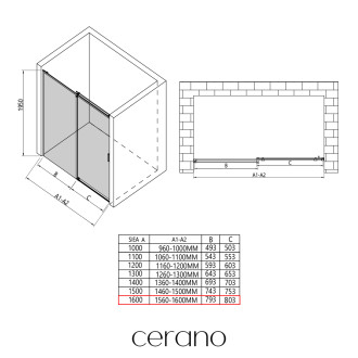 CERANO - Sprchové posuvné dveře Santoro L/P - 8 mm - černá matná, transparentní sklo - 160x195 cm