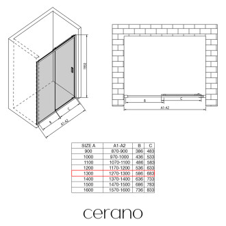 CERANO - Sprchové posuvné dveře Varone LINE L/P - 6 mm - černá matná, mléčné sklo - 130x195 cm