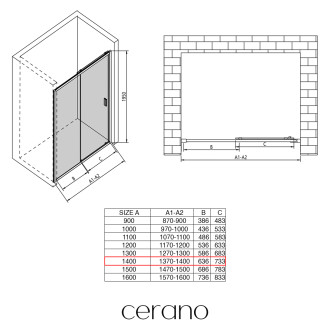 CERANO - Sprchové posuvné dveře Varone LINE L/P - 6 mm - černá matná, mléčné sklo - 140x195 cm