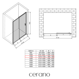 CERANO Sprchové posuvné dveře Varone LINE L/P černá mat, transparent sklo 110x195