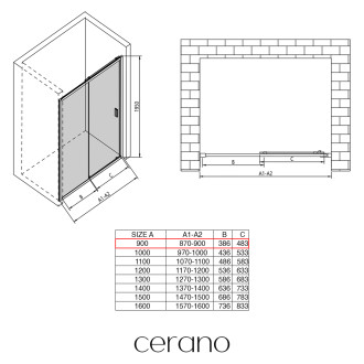 CERANO Sprchové posuvné dveře Varone LINE L/P černá mat, transparent sklo 90x195