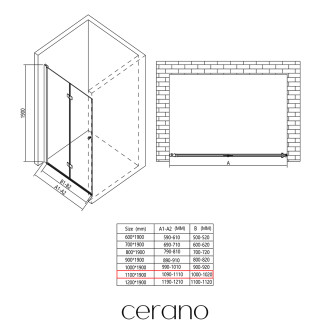 CERANO - Sprchové zalamovací dveře Volpe L/P - 6 mm - černá matná, transparentní sklo - 110x190 cm
