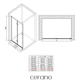 CERANO - Sprchové zalamovací dveře Volpe L/P - 6 mm - černá matná, transparentní sklo - 120x190 cm