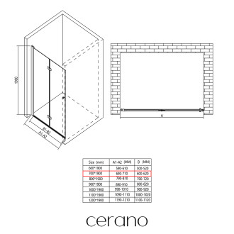 CERANO - Sprchové zalamovací dveře Volpe L/P - 6 mm - černá matná, transparentní sklo - 70x190 cm