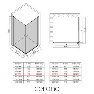 CERANO - Sprchový kout Antelo Duo L/P - 6 mm - černá matná, transparentní sklo - 100x90x190 cm - otočný