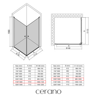 CERANO - Sprchový kout Antelo Duo L/P - 6 mm - černá matná, transparentní sklo - 110x100x190 cm - otočný