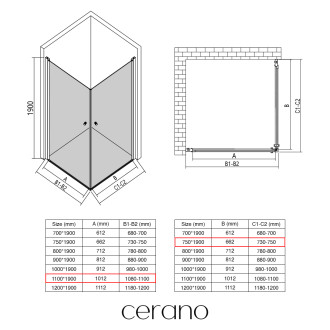 CERANO - Sprchový kout Antelo Duo L/P - 6 mm - černá matná, transparentní sklo - 110x75x190 cm - otočný