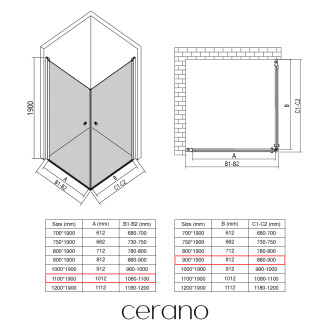 CERANO - Sprchový kout Antelo Duo L/P - 6 mm - černá matná, transparentní sklo - 110x90x190 cm - otočný