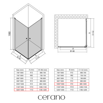 CERANO - Sprchový kout Antelo Duo L/P - 6 mm - černá matná, transparentní sklo - 120x100x190 cm - otočný