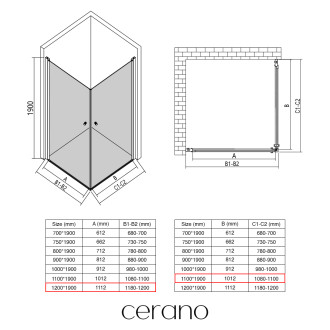 CERANO - Sprchový kout Antelo Duo L/P - 6 mm - černá matná, transparentní sklo - 120x110x190 cm - otočný
