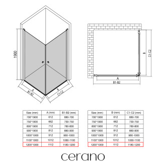 CERANO - Sprchový kout Antelo Duo L/P - 6 mm - černá matná, transparentní sklo - 120x120x190 cm - otočný