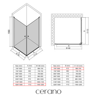 CERANO - Sprchový kout Antelo Duo L/P - 6 mm - černá matná, transparentní sklo - 120x70x190 cm - otočný