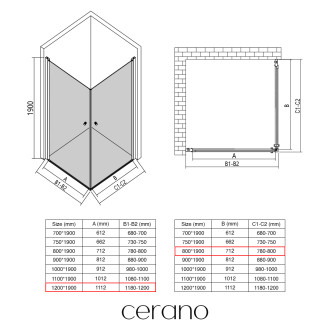 CERANO - Sprchový kout Antelo Duo L/P - 6 mm - černá matná, transparentní sklo - 120x80x190 cm - otočný
