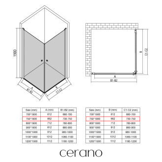CERANO - Sprchový kout Antelo Duo L/P - 6 mm - černá matná, transparentní sklo - 75x75x190 cm - otočný
