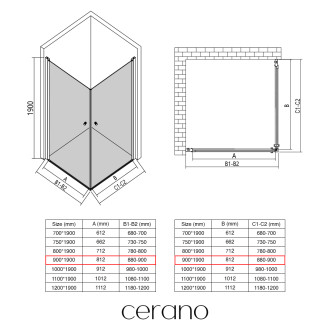 CERANO - Sprchový kout Antelo Duo L/P - 6 mm - černá matná, transparentní sklo - 90x90x190 cm - otočný