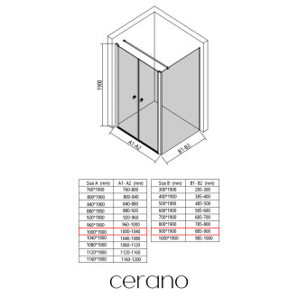 CERANO - Sprchový kout Antelo L - L/P - 6 mm - černá matná, transparentní sklo - 100x90 cm - otočný