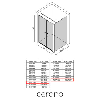 CERANO - Sprchový kout Antelo L - L/P - 6 mm - černá matná, transparentní sklo - 108x100 cm - otočný