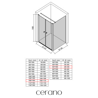 CERANO - Sprchový kout Antelo L - L/P - 6 mm - černá matná, transparentní sklo - 108x50 cm - otočný