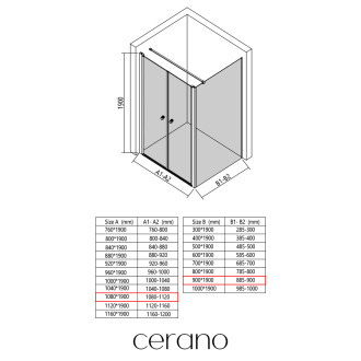 CERANO - Sprchový kout Antelo L - L/P - 6 mm - černá matná, transparentní sklo - 108x90 cm - otočný