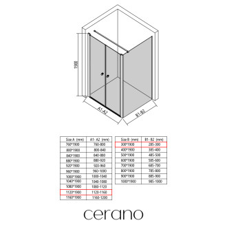 CERANO - Sprchový kout Antelo L - L/P - 6 mm - černá matná, transparentní sklo - 112x30 cm - otočný