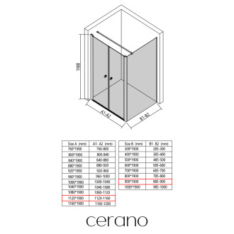 CERANO - Sprchový kout Antelo L - L/P - 6 mm - černá matná, transparentní sklo - 112x90 cm - otočný