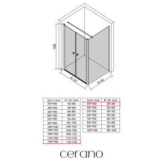 CERANO - Sprchový kout Antelo L - L/P - 6 mm - černá matná, transparentní sklo - 116x30 cm - otočný
